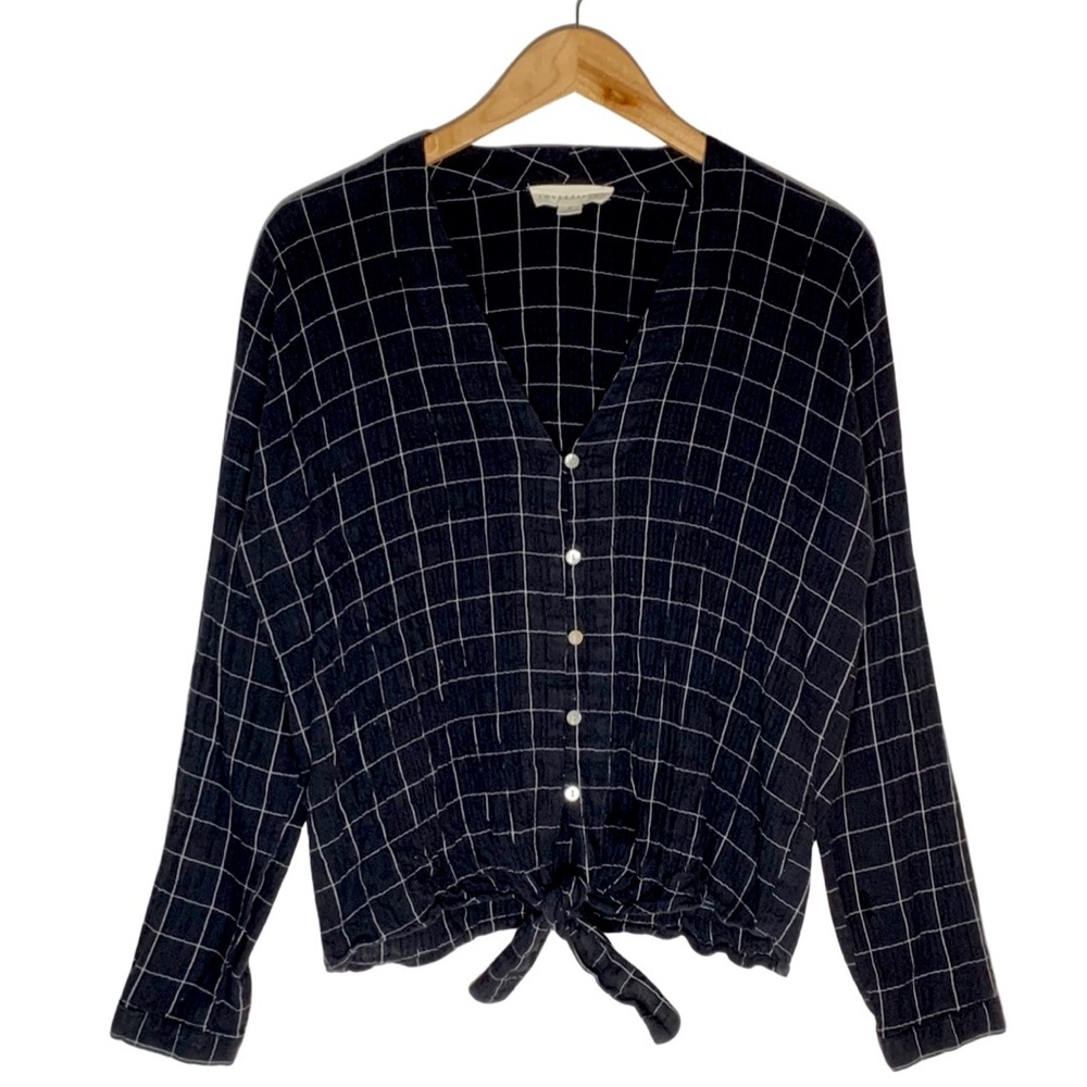 Love Stitch | Men | Black White Checker Seersucker Tie Front Top | Small